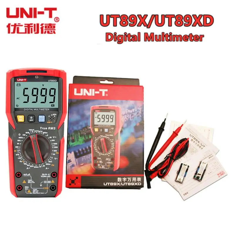 

Цифровой мультиметр UNI-T UT89X UT89XD, профессиональный вольтметр True RMS, Бесконтактный индикатор напряжения, 1000 В, 20 А, тестер сопротивления и емкос...