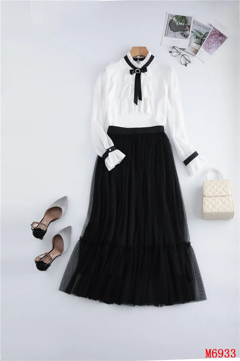 Новые модные женские белые блузки и рубашки 2 шт юбка топ наборы с длинным рукавом