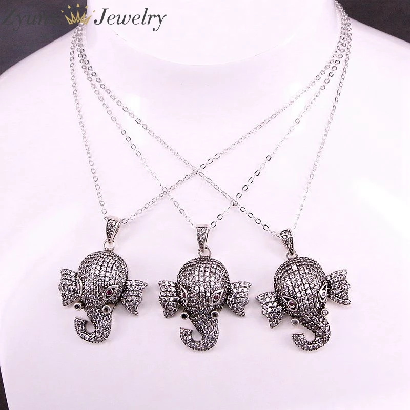 5PCS, Clear CZ Cubic Zirconia Elephant Head Pendant Necklaces Genuine Vintage Silver Color For Women Jewelry Party Gift