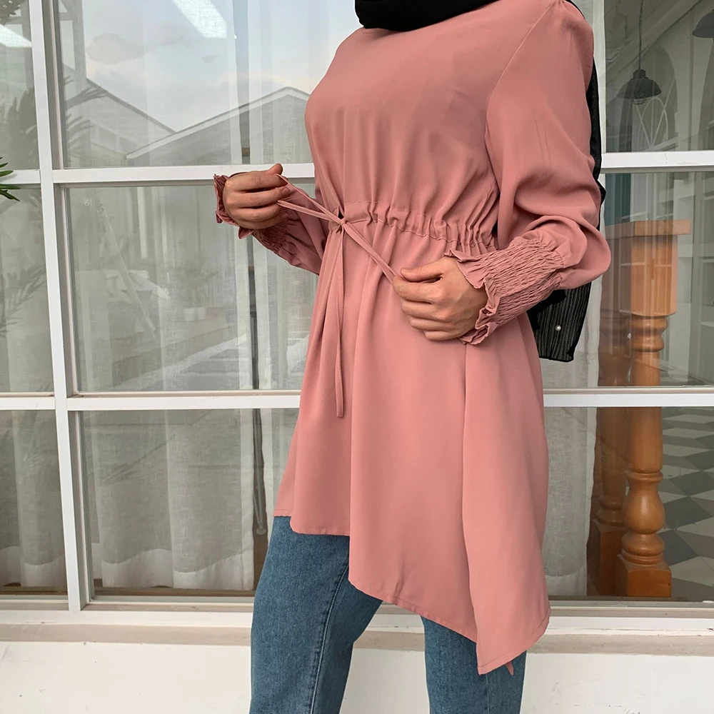 

Plain Solid Plus Size Top Women Long Sleeve Elastic Slim Waist Belted Malaysia Turkish Muslim Blouses Asymmetry Hem Red