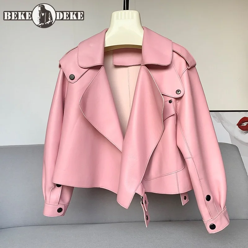

Punk Motorcycle Short Coat Women Genuine Leather Jacket Lapel Single Button Loose Fit Long Sleeve Fashion Outerwear Streetwear