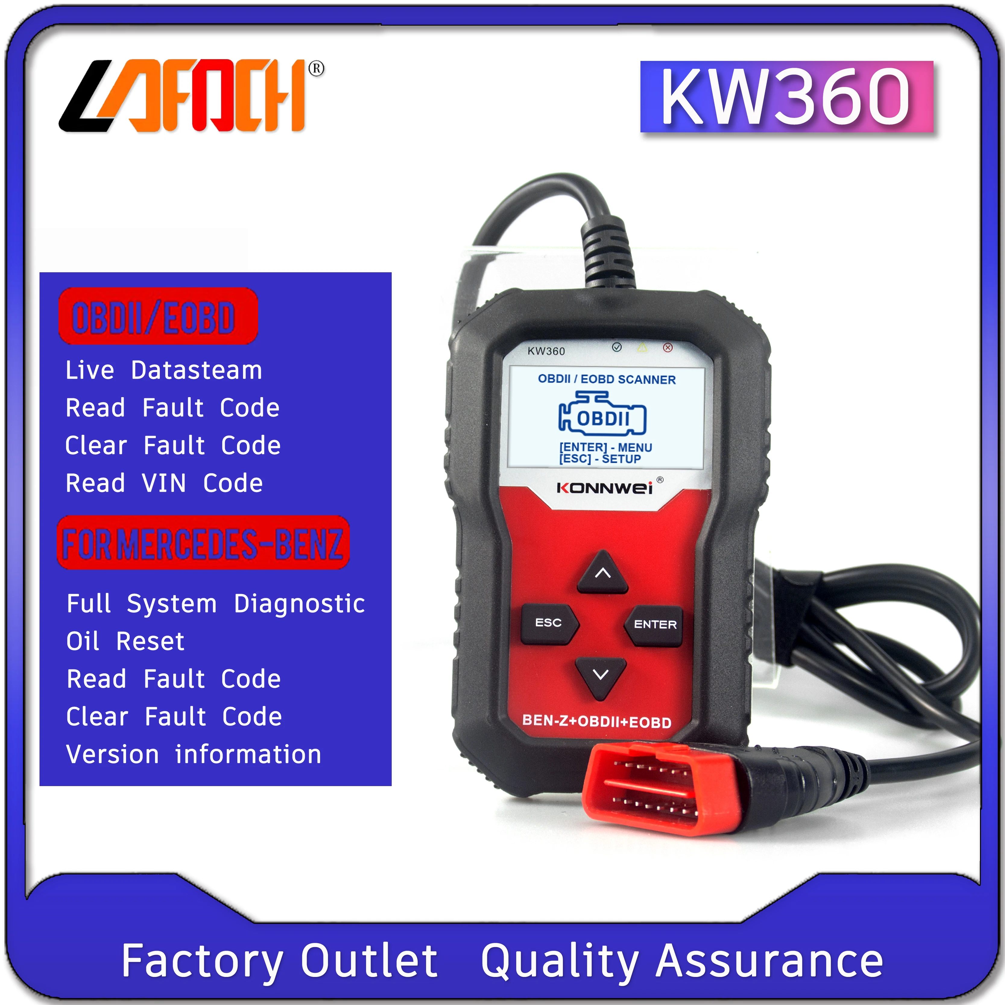 

LAFOCH KW360 EOBD/OBD2 Full System Diagnostic Scanner Detection For Mercedes Benz Automatic Transmission ABS Airbag Oil Reset