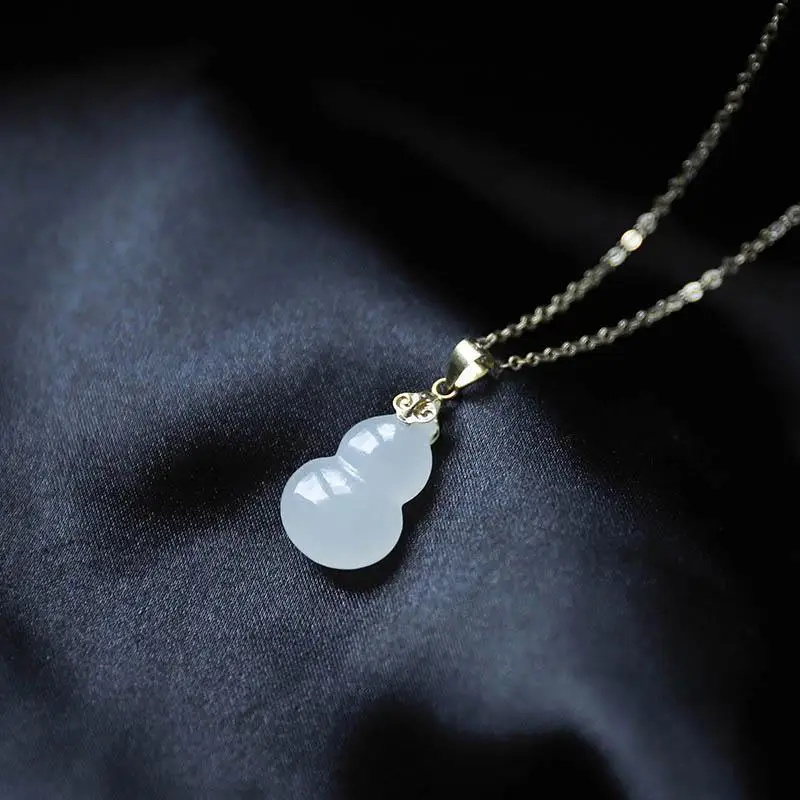 

New silver inlaid natural Hotan jade white gourd Pendant Necklace Chinese classical palace style elegant charm lady jewelry