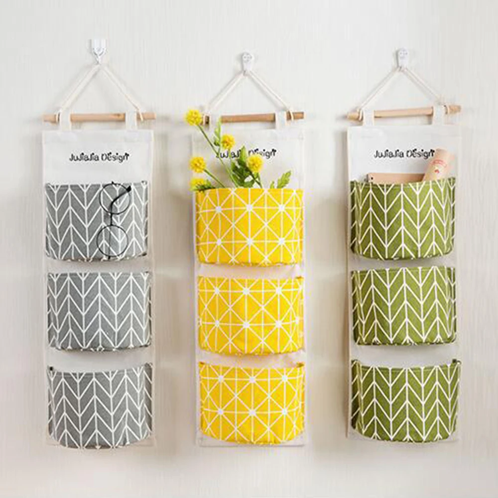 Минималистичная подвесная сумка для хранения из хлопка и льна 3 кармана