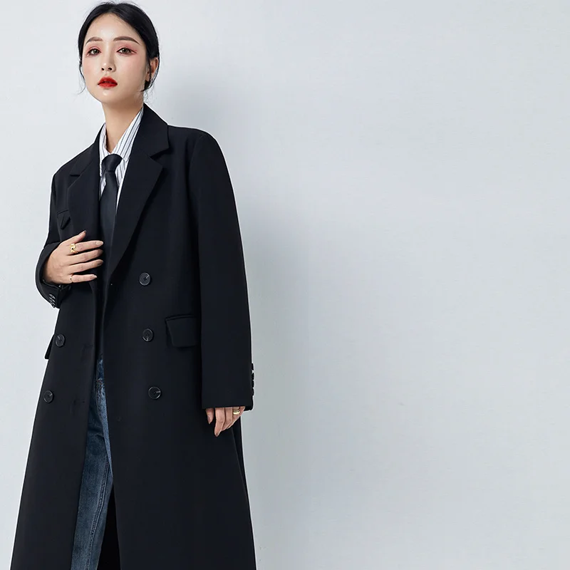 

Black suit collar windbreaker women's 2021 spring and Autumn New Korean loose coat popular this year, medium and long coat