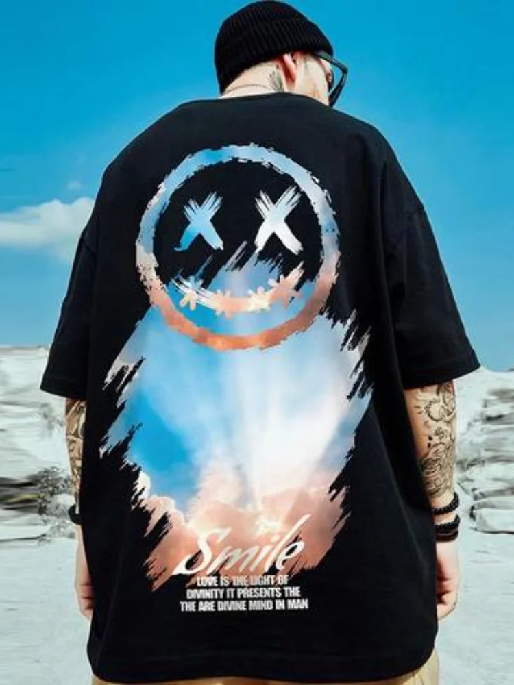 

HMZ Tees Shirts Harajuku Graffiti Cartoon Smile Half Sleeve Tshirts Hip Hop Tee Casual Streetwear T-Shirts Cotton Loose Tops Men