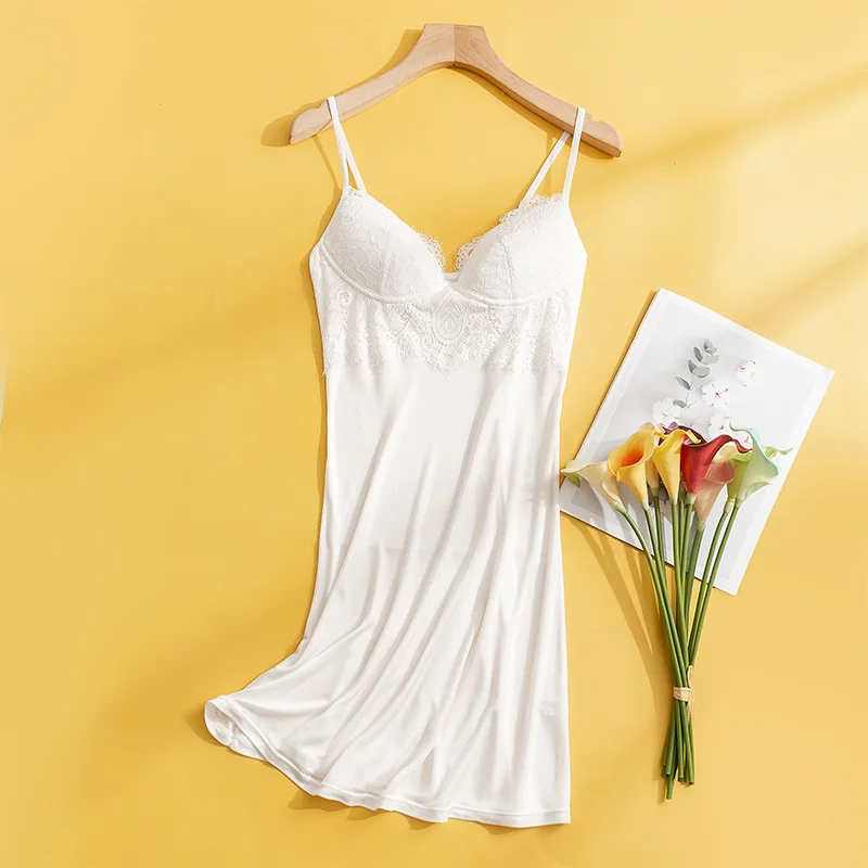 Flame of dream Silk Suspender Nightgown Lace Sexy Nightdress With Breast Pad 21-909