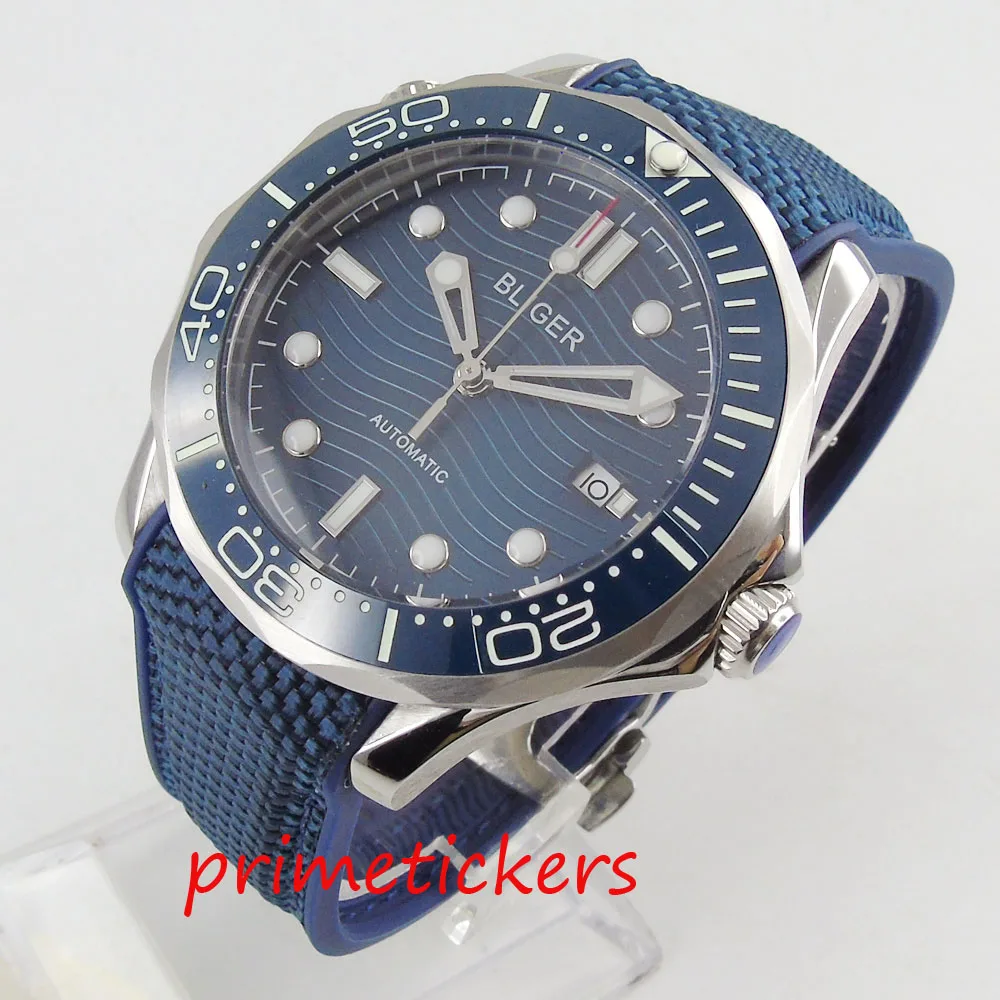 

Bliger 41mm Dress Automatic Watch Blue Wave Dial Sapphire Crystal NH35A MIYOTA 8215 PT5000 Movement Ceramic Bezel Rubber Strap