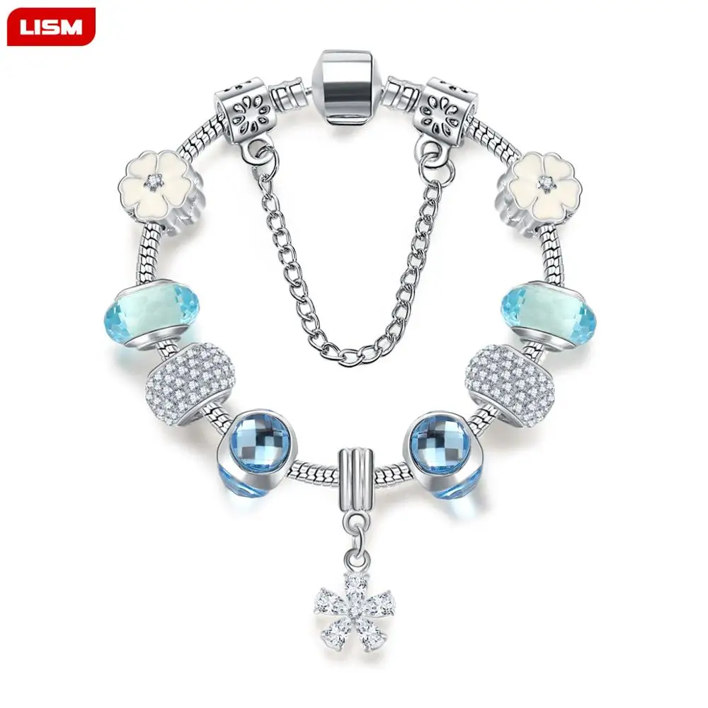 

Blue Crystal Bracelets&Bangles Silver Plated Charm Bracelets With Stones For Women Cherry blossoms Jewellery Pulseira Feminina