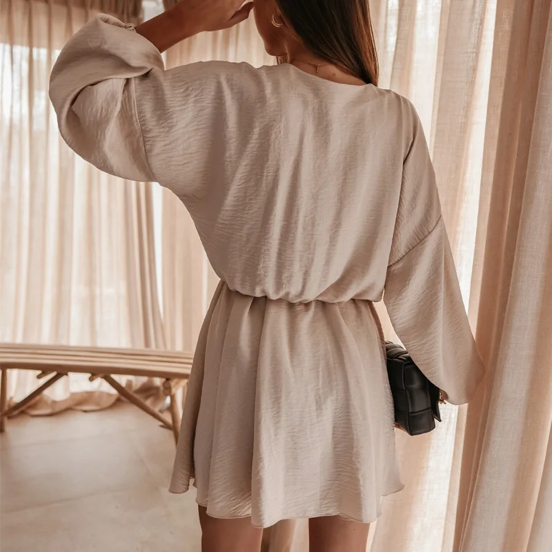 

2021 Spring Simple Solid Women Mini Dress Elegant Deep V Neck Long Sleeve Party Dress Fashion Summer Casual Loose Dress Vestidos