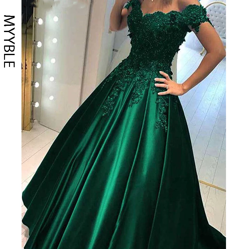 MYYBLE Long Floor Length Formal Dress Robe De Soiree Elegant Green Satin Evening Dresses Ball Gown Lace Sweetheart Evening Gowns