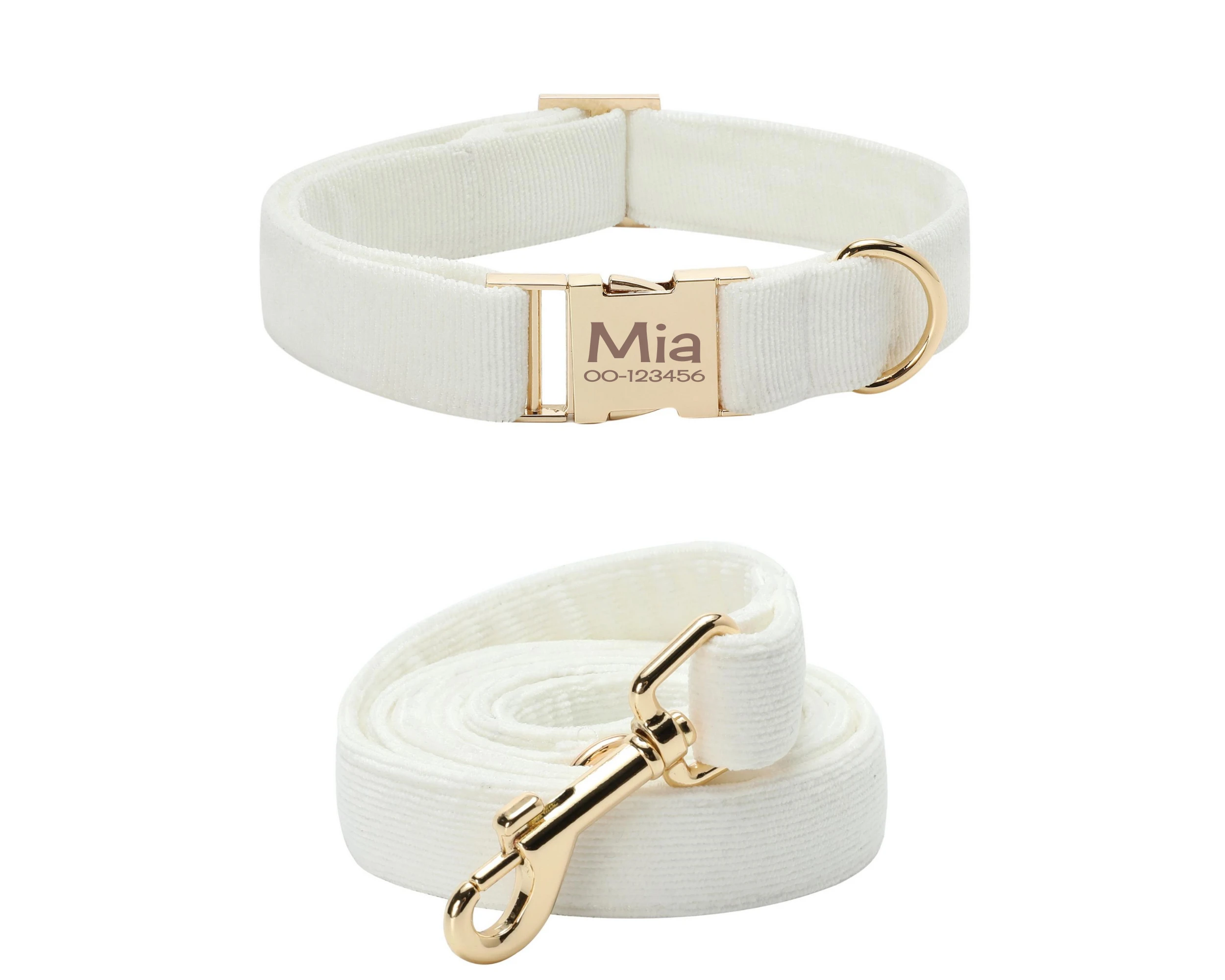 Белый персонализированный собачий ошейник с бантом и поводком бархатный на