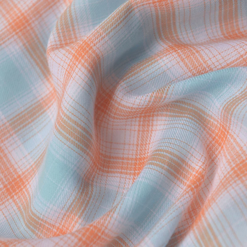 

140cm Width Soft mint blue orange white checkered cotton fabric shirt dress scarf garment tablecloth handmade DIY fabric