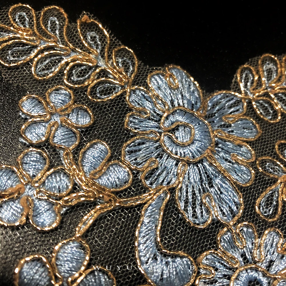 Изящный 1 ярд Золотой синий цвет вышивка аппликация с кружевной отделкой цветок