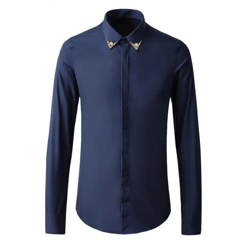 

Рубашка мужская с воротником со стразами, роскошная хлопковая повседневная классическая сорочка с длинным рукавом, приталенный силуэт, веч...