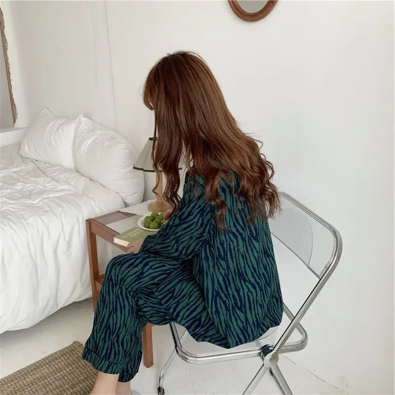 

Pajamas women's long sleeve trousers suit thin cardigan zebra pattern net red home clothes