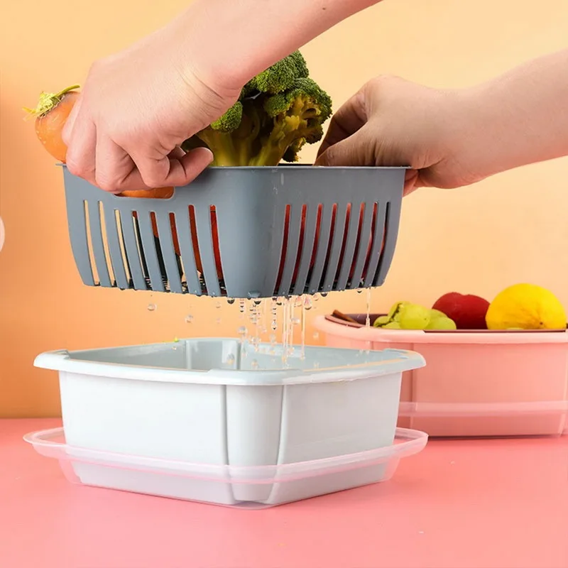 

Double-Layer Drain Basket Lid Refrigerator Crisper Multifunctional Square Large Size Washing Vegetable Basket