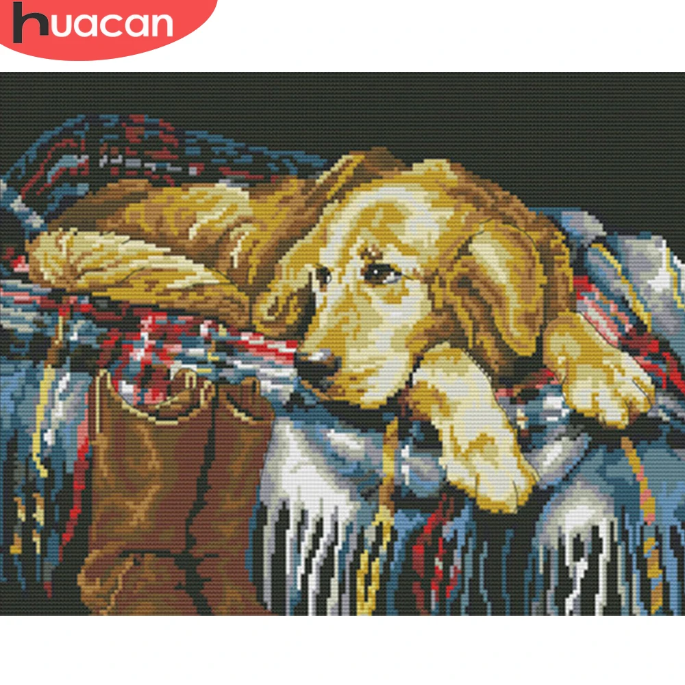 

HUACAN Cross Stitch Dog Animal Embroidery Sets White Canvas Needlework Handicrafts Cross Stitch Home Decoration 14CT 11CT