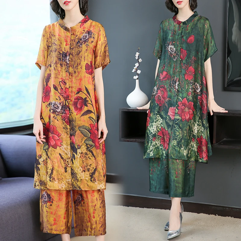 2019 Summer New Casual Silk Print Women Two Piece Set O Neck Button Long Shirt And Elastic Waist Wide Leg Pants Sets XL-6XL | Женская