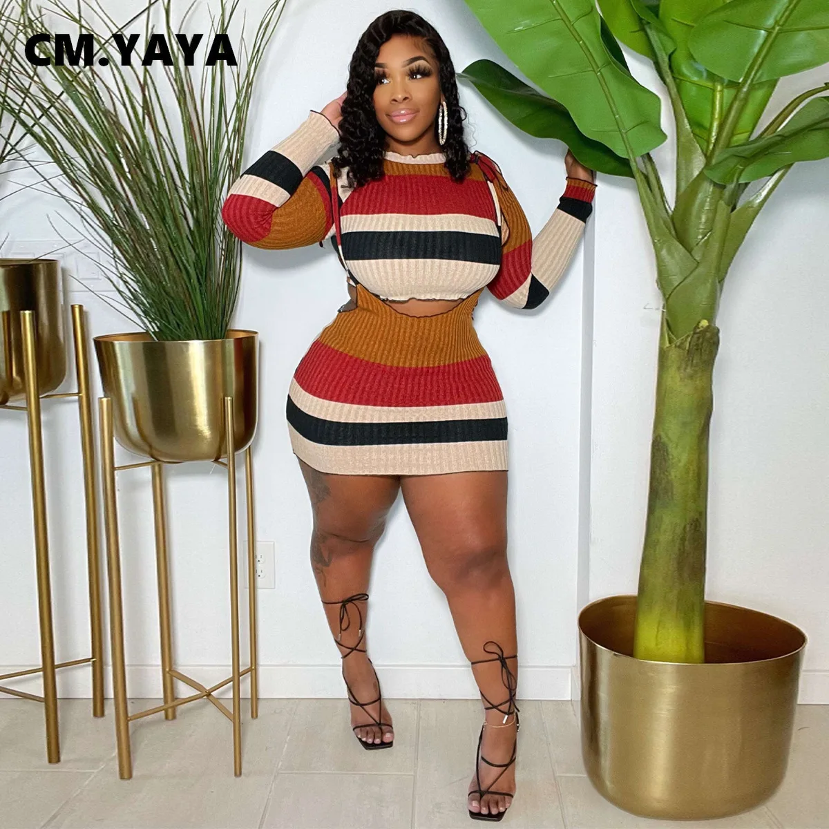 

Женский полосатый комбинезон CM.YAYA в рубчик, костюм с мини-юбкой миди и мини-свитером, комплект из двух предметов, спортивный костюм Outftis