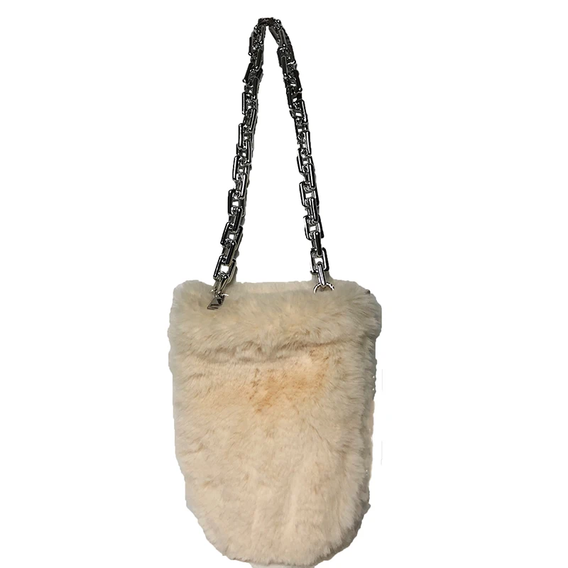 

Thick Metal Chain Shoulder Bag Women New Designer Rabbit Fur Bucket Bag Crossbody Bags Female Fashion Personality Purse