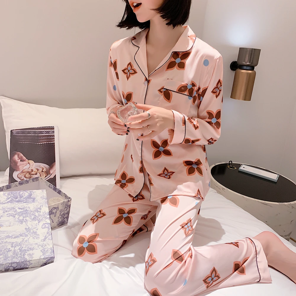 

Daeyard Silk Pajama Sets Overall Print Women Satin Sleepwear Spring 2020 Long Sleeve Pijama 2 Pieces Casual Homewear Pyjamas