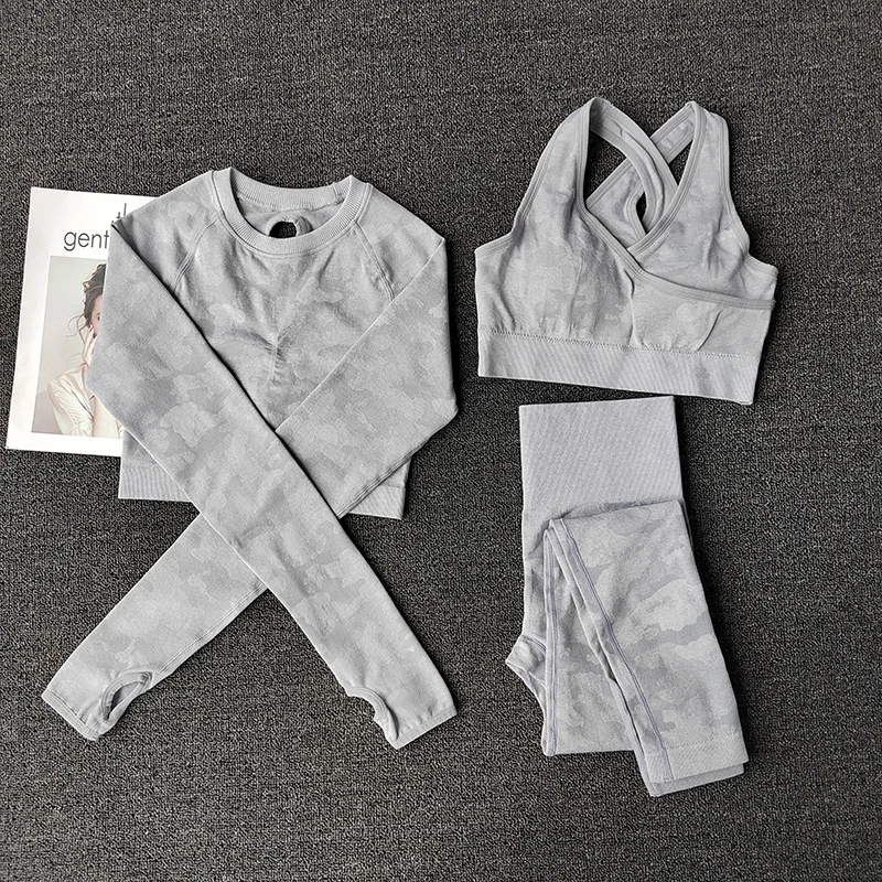 3PCS Women Camo Yoga Set Sports Bra + Leggings + Crop Top Seamless Workout Tights Gym Set Clothes Fitness Sports Suit Female