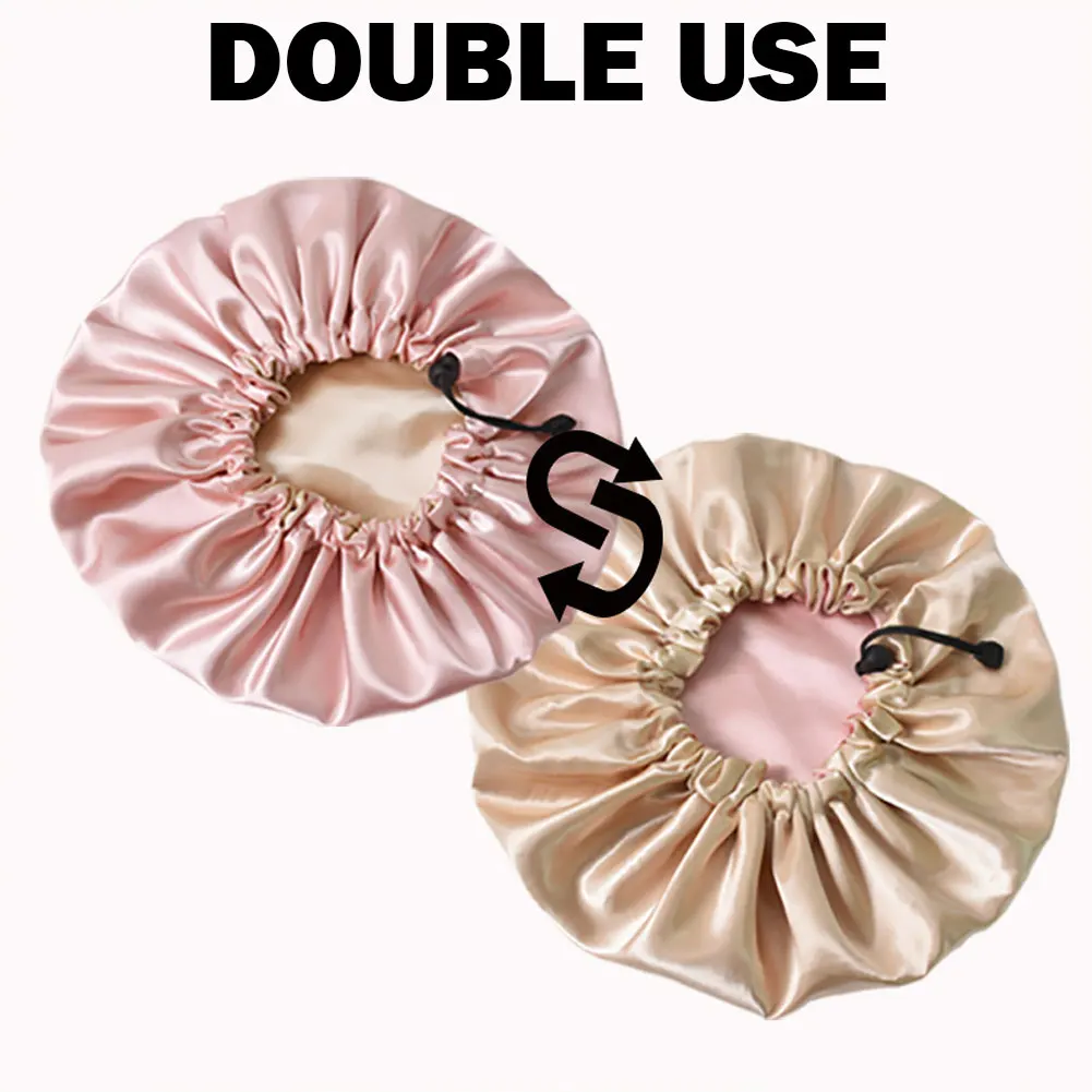 

Adjustable Shower Hat Shower Cap Satin Bonnet Bath Hair Wrap Double Layer Sleeping Elastic Band Hat Travel For Women Girls