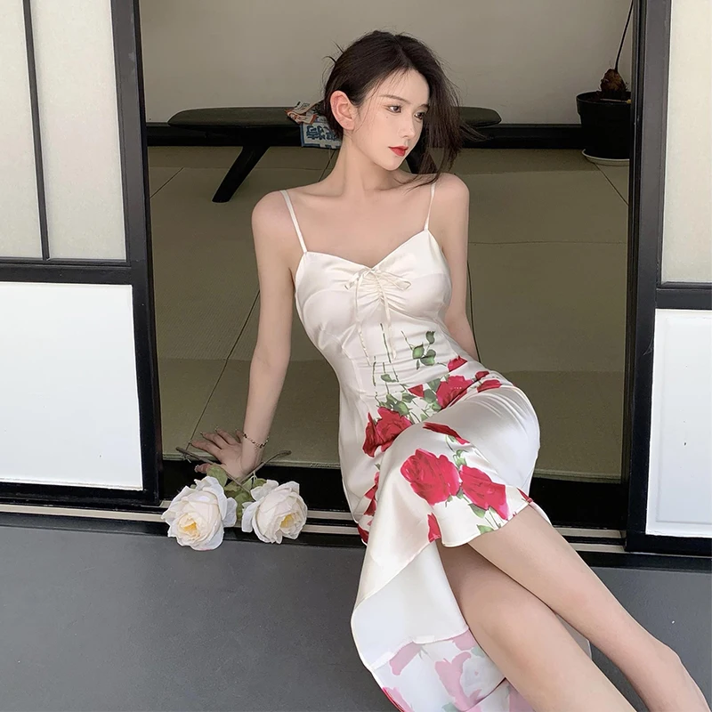 

Fashion Vintage Sexy Strapless Sleeveless Midi Party Club Dress Ladies Elegant Robe Casual Floral Print Beach Vacation Dress