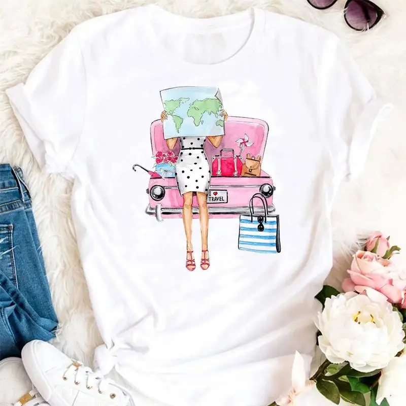 

Women Summer Flower Beach Style Trend Ladies 90s Cartoon Clothes Tshirts Fashion Graphic T Top Lady Print Female Tee T-Shirt