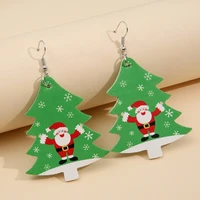 european and american christmas new santa double sided printed leather leopard print christmas tree pu earrings wholesale