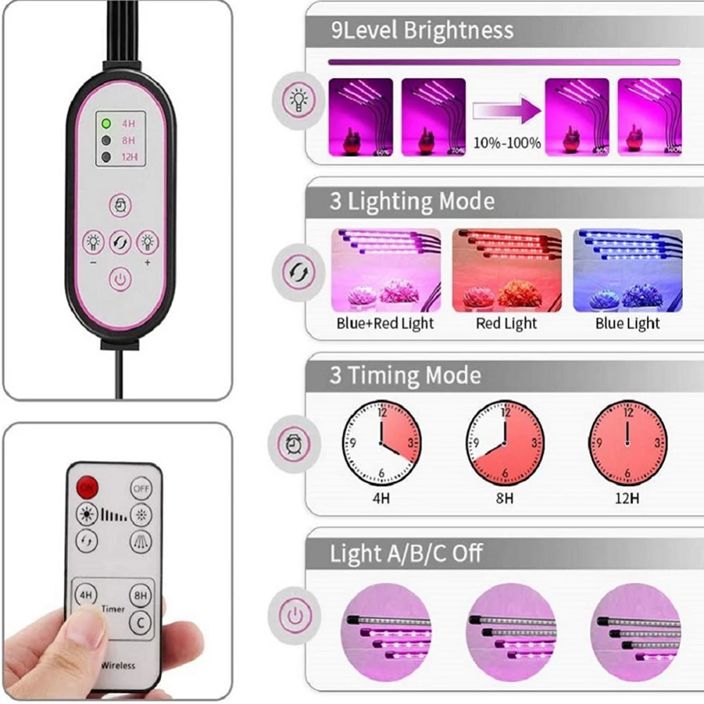 

80Leds Timing Dimmable With Dual Controllers Aluminum Grow Light 40W 4 In 1 For Indoor Plants Auto On Off Adjustable Tripod 220V