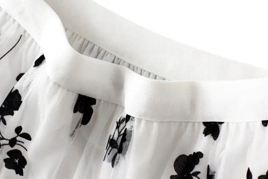

2021 Summer Mesh Print Floral Long Skirt Women Clothes Elastic High Waist Casual Pleated Vintage Mid Tulle Skirts Woman w120