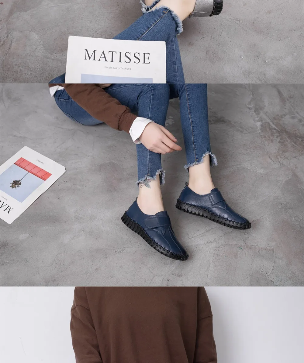 Spring Ladies Genuine Leather Handmade Shoes Women Hook&Loop Flat Shoes Women Autumn Soft Loafers Flats
