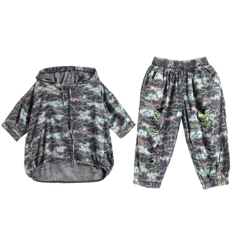 

Vefadisa Fashion Clouds Pattern Women Set 2021 Summer Hooded Female T-shirt + Harem Pants Plus Size Casual 2 Piece Set QYF5617