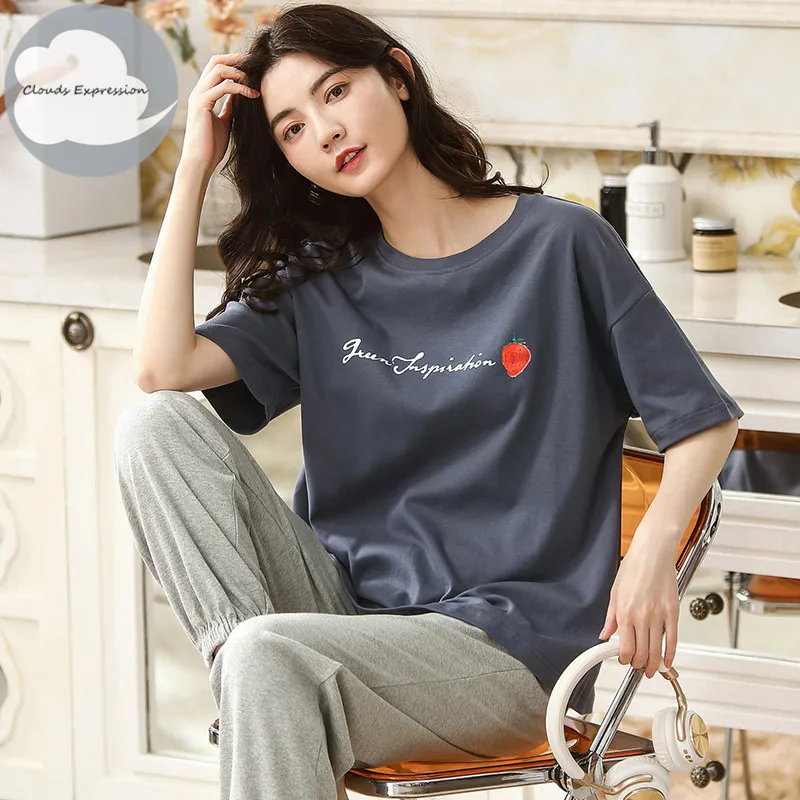 Летняя брендовая футболка с короткими рукавами вязаное хлопковое женские пижамы