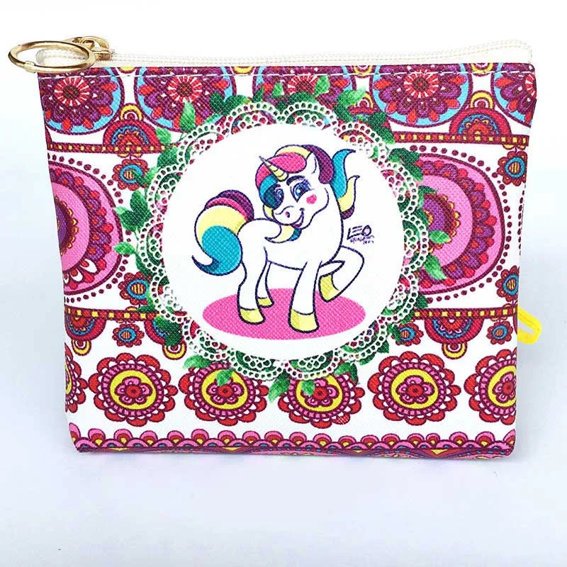 New Cute Flamingos Ethnic Style Grils Coin Purse Children PU Leather Zip Change Purse Women Wallet Animal Key Card Bag Kids Gift