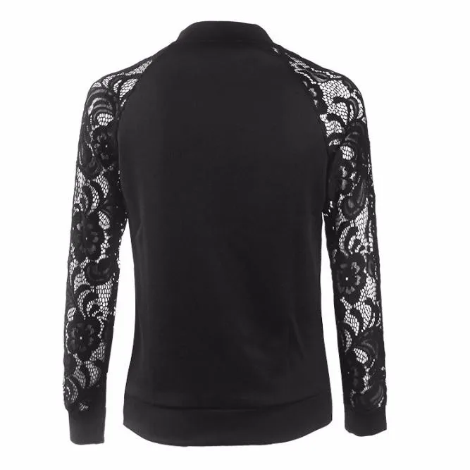 

Lace Sleeve Women Basic Coats Long Sleeve Lace Patchwork Transparent Zipper Casual Slim Jacket Coat Bomber Jacket Outwear 2021