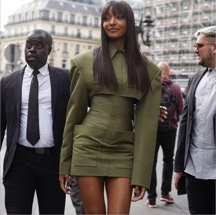 

Armygreen Color Celebrity Fashion Dress Peter pan Collar Long Sleeve Sexy Bodycon Mini Dress High Street Supermode Dress