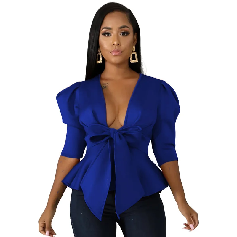 Stigende Half Sleeve Sexy Deep V Neck Bow Blouse Women Summer Casual Solid Color Ruffle Blouse Elegant Bandage Crop Blouse Top - Цвет: Синий