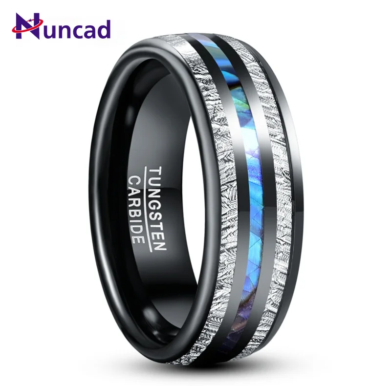 

8mm Electric Black Inlaid Meteorite Abalone Shell Dome Tungsten Carbide Ring Men's Fashion Wedding Jewelry Best Gift