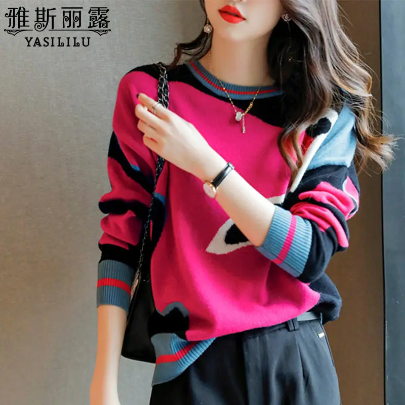 

Женская трикотажная рубашка с круглым вырезом, в стиле колор-блок, новинка весны 2021, модный свободный свитер в Корейском стиле