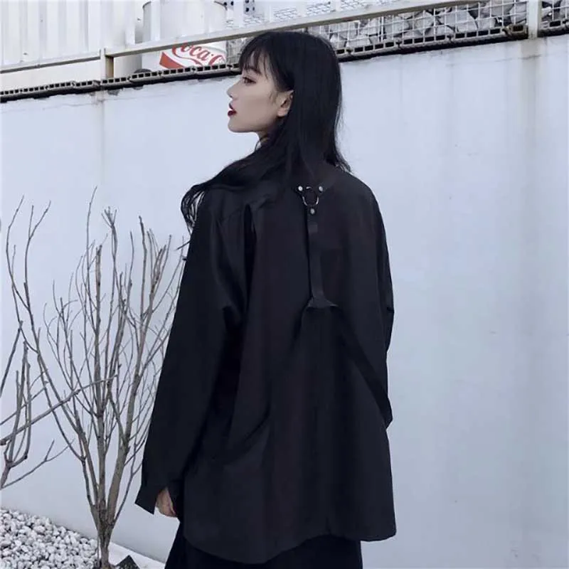 NiceMix, черная Однотонная рубашка в темном стиле для женщин с поясом, однобортная блуза с отворотом, женская Свободная Повседневная Новинка