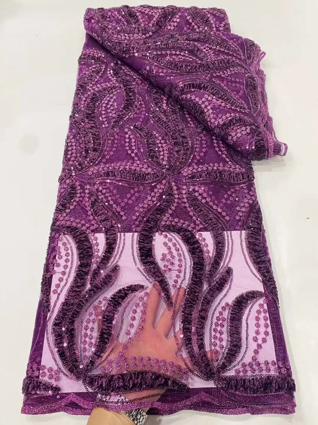 

Latest African net Lace Fabric With Sequins purple 2021 French Lace Fabric Embroidery Nigerian Tulle Lace For Party Dres DPJ1-18