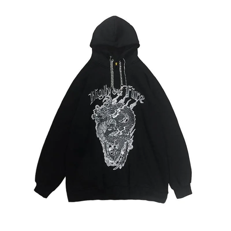 

Punk Sweatshirt Women Autumn Winter Dragon Print Hoodies Female 2021 Streetwear Hip Hop Long Sleeve Cotton Metal Chain Pullover