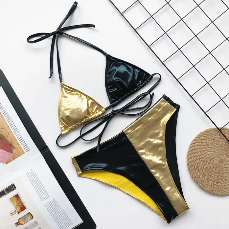 

Factory Wholesale Women Fashion Leather Bikini Two Piece High Waist Swimwear Sexy Patchwork Swimsuit