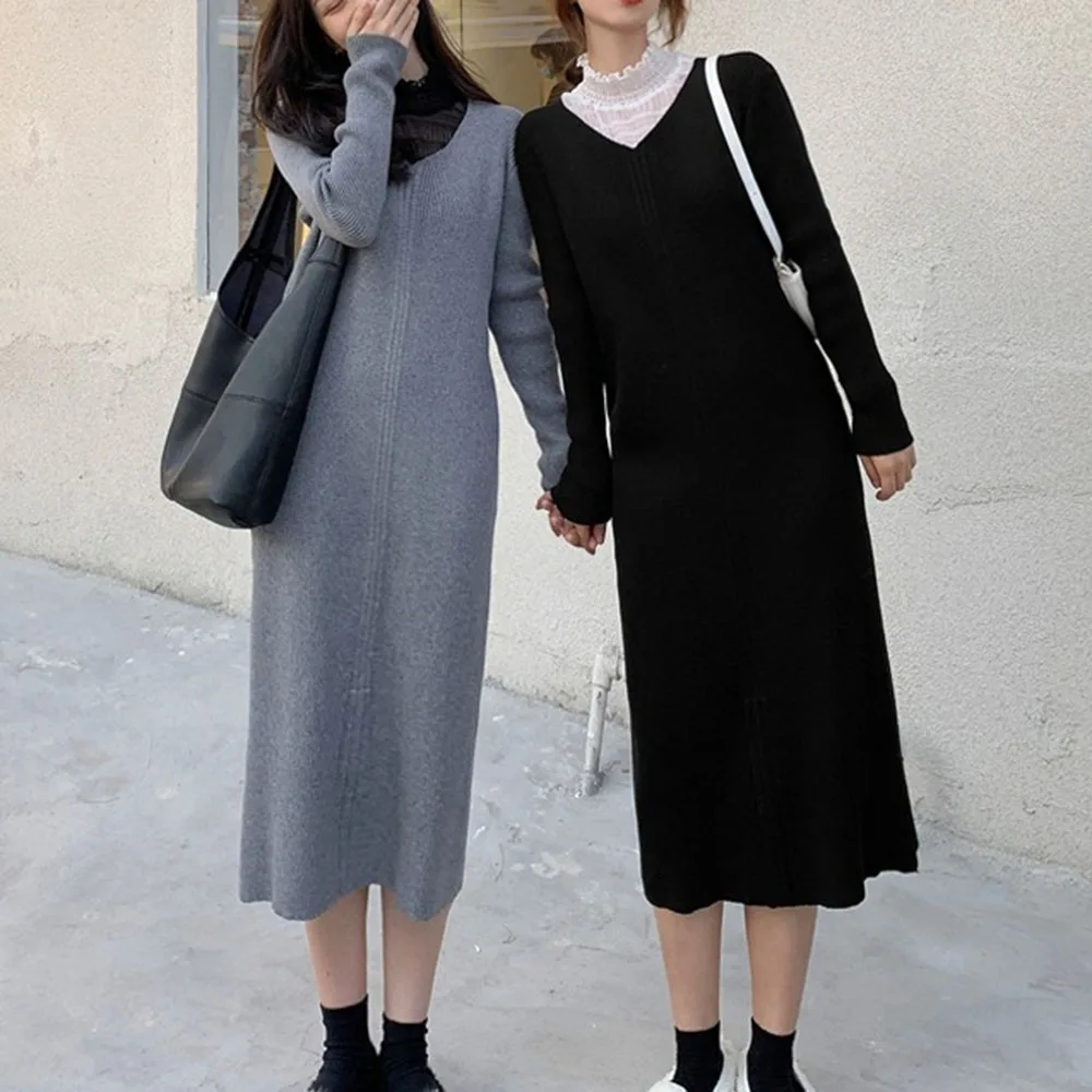 

Autumn Women Dresses New Retro Temperament Mid-length High-end French Knitted Dress Goddess Casual Female Clothing Street Wear