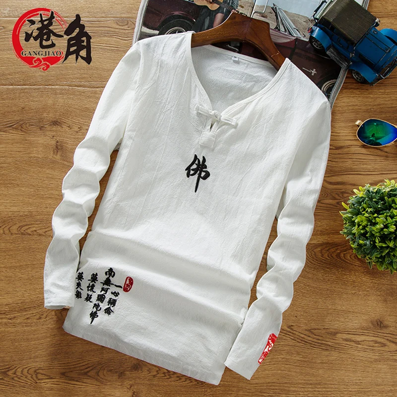 

The spring of 2020 flax material T-shirt men long sleeve Chinese wind Buddha word embroidery cotton T-shirt