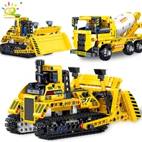 huiqibao engineering technical bulldozer dump truck building blocks city construction concrete mixer truck bricks toys children