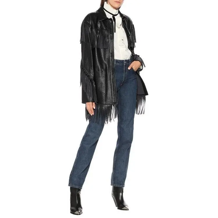 Куртка женская демисезонная из искусственной кожи с отложным воротником и